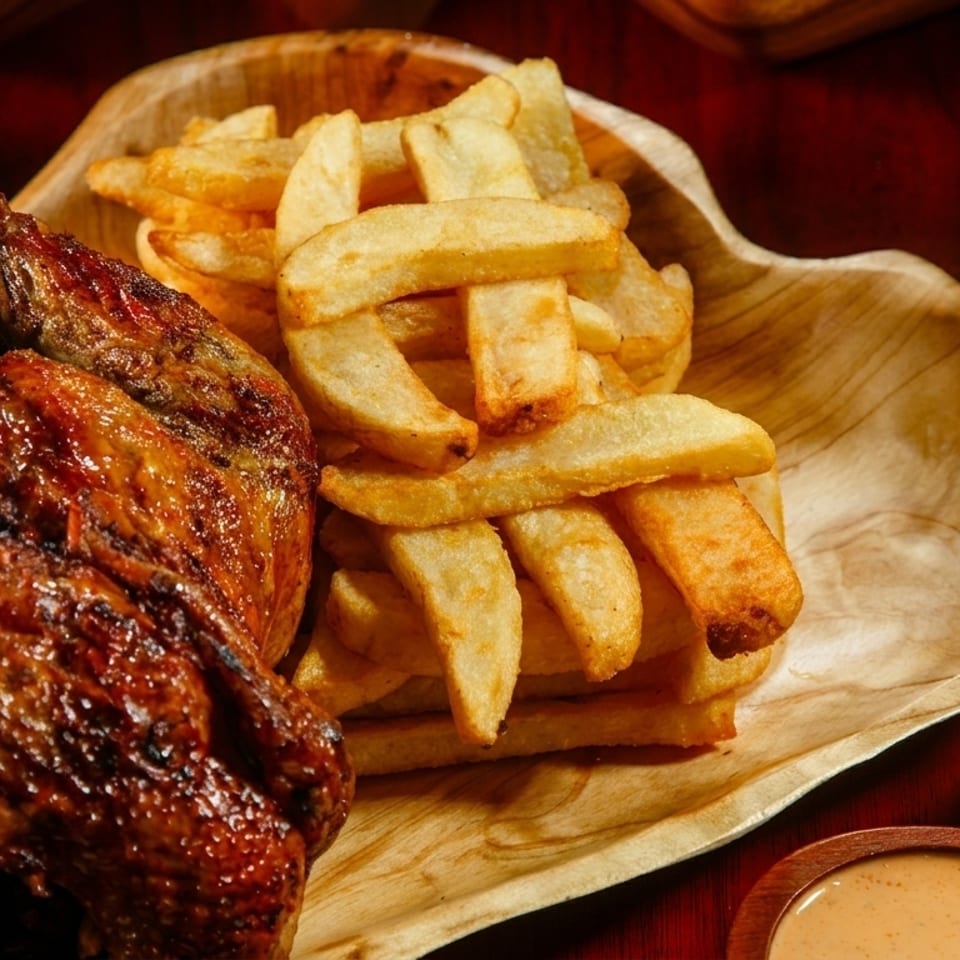 Whole roasted chicken and a pile of golden french fries on a wooden platter.