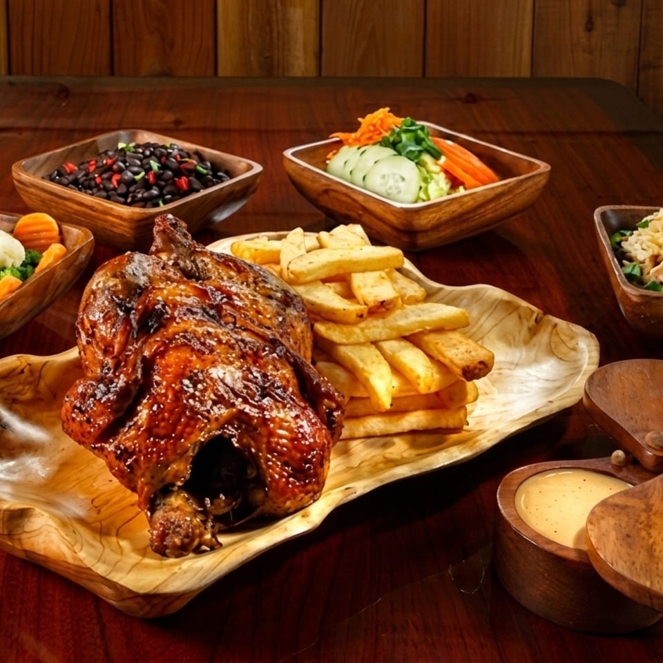 A whole roasted chicken and fries on a wooden platter, surrounded by bowls of vegetables and sauces.