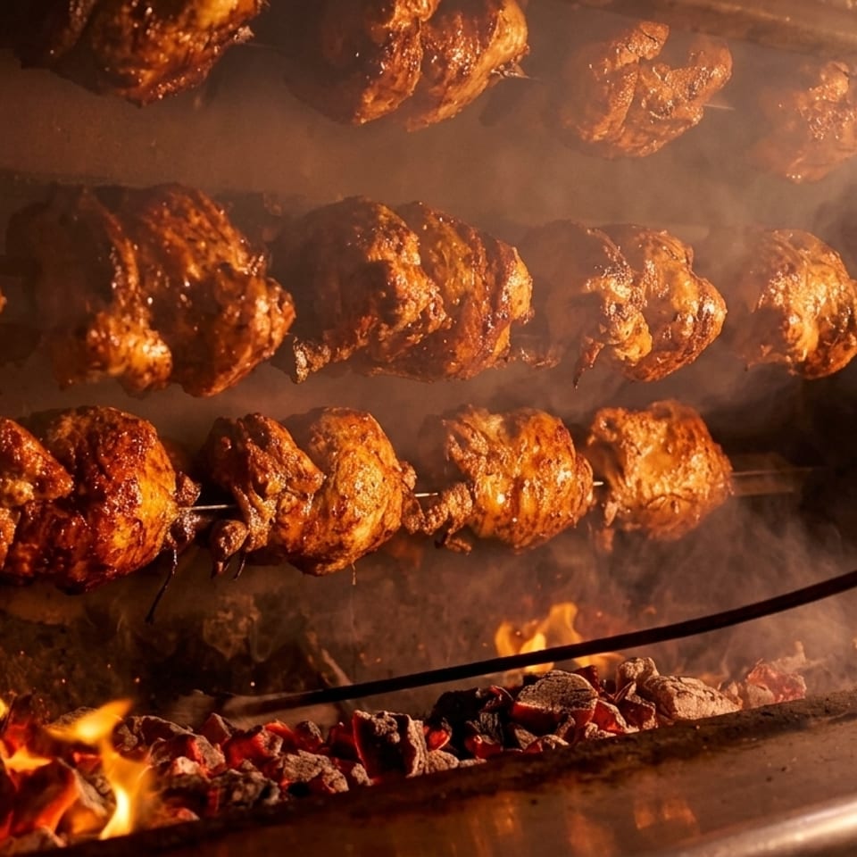 Rotisserie chickens cooking over an open flame with smoke rising, showcasing crispy skin.