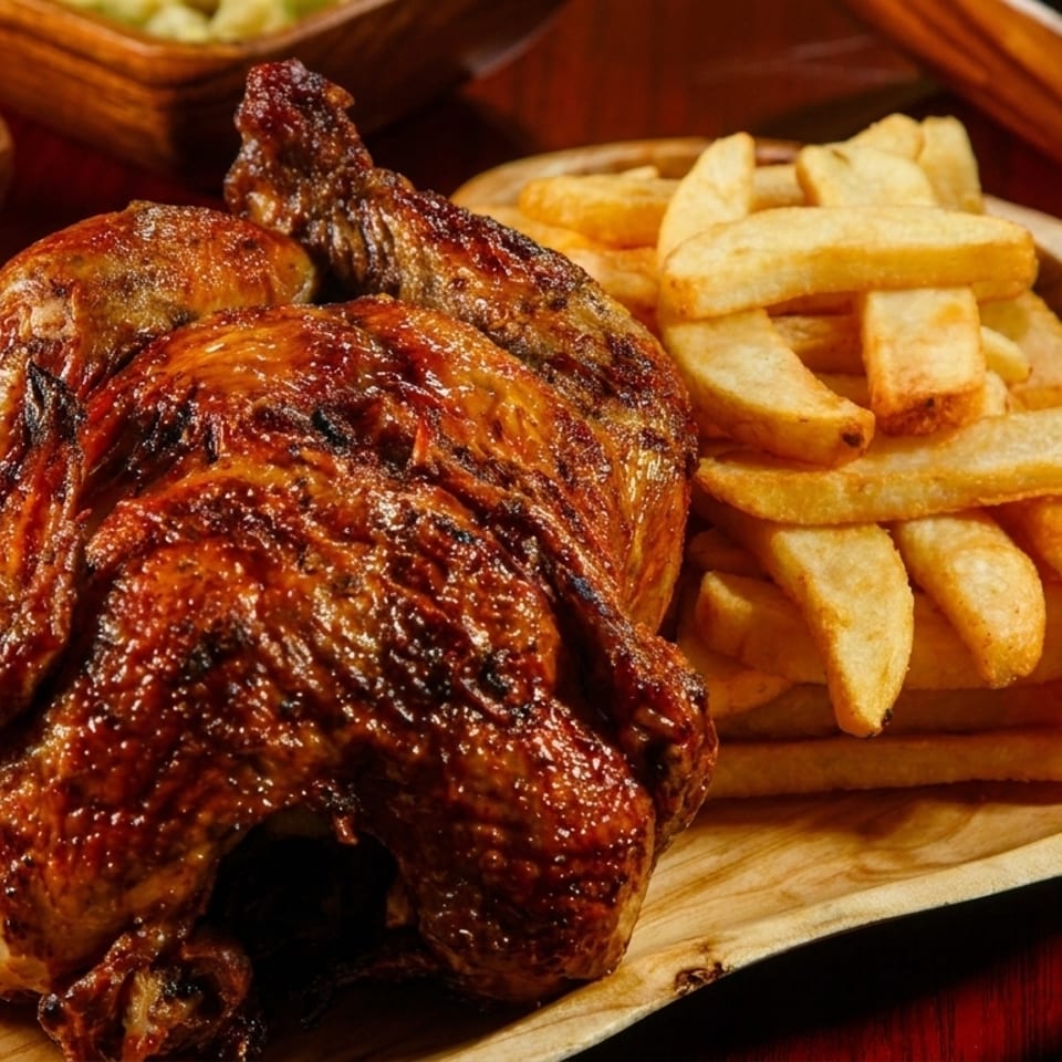 Whole roasted chicken and a pile of golden french fries on a wooden platter.
