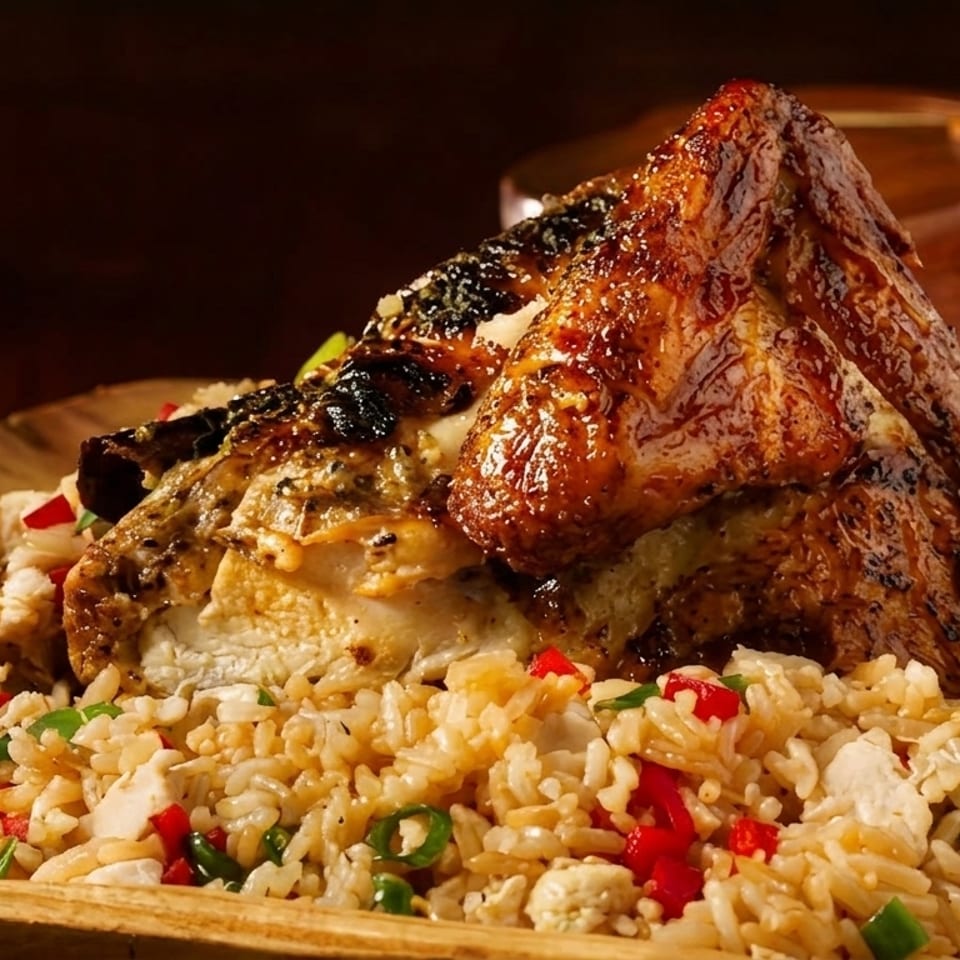 Roasted chicken with crispy skin served over a bed of fried rice with peppers and scallions.