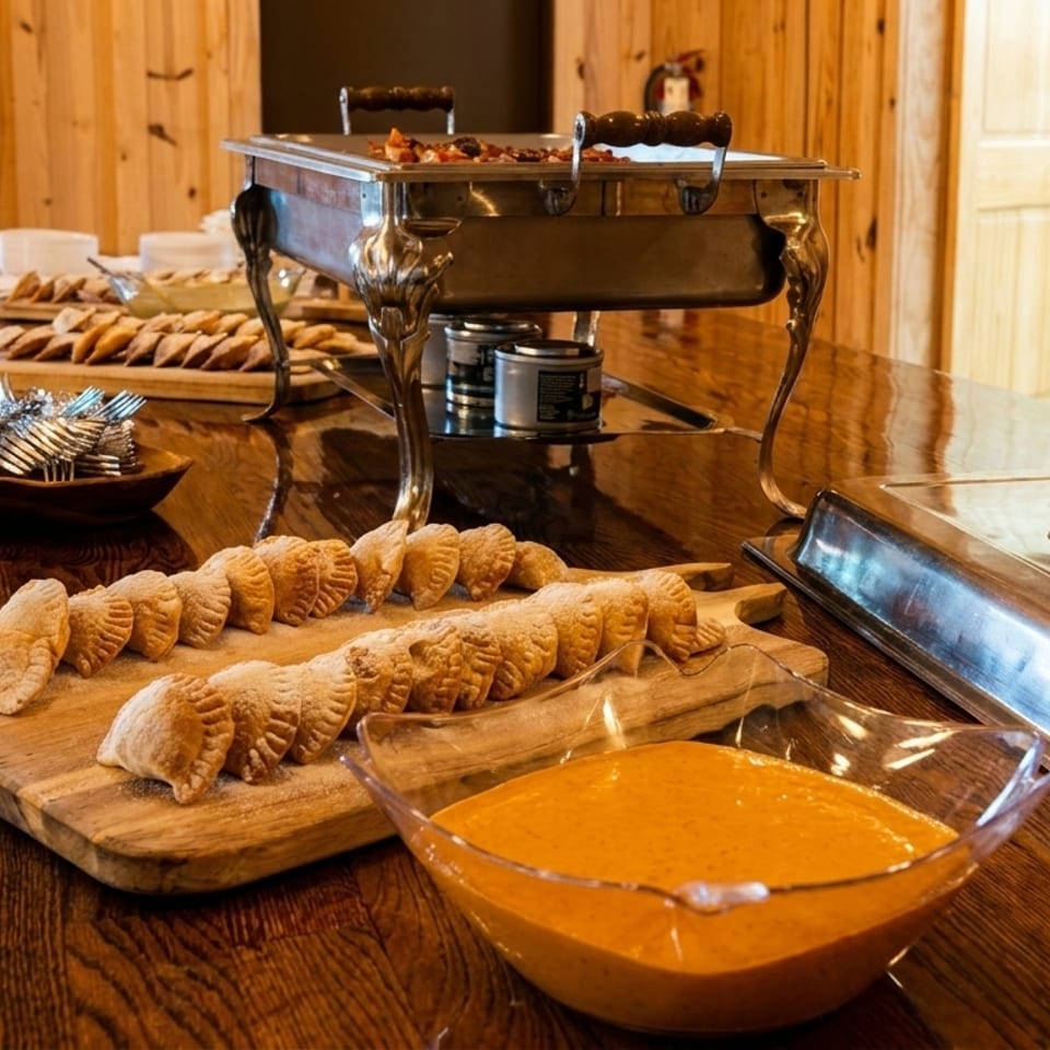 A buffet table with empanadas, a chafing dish, and a bowl of orange sauce.
