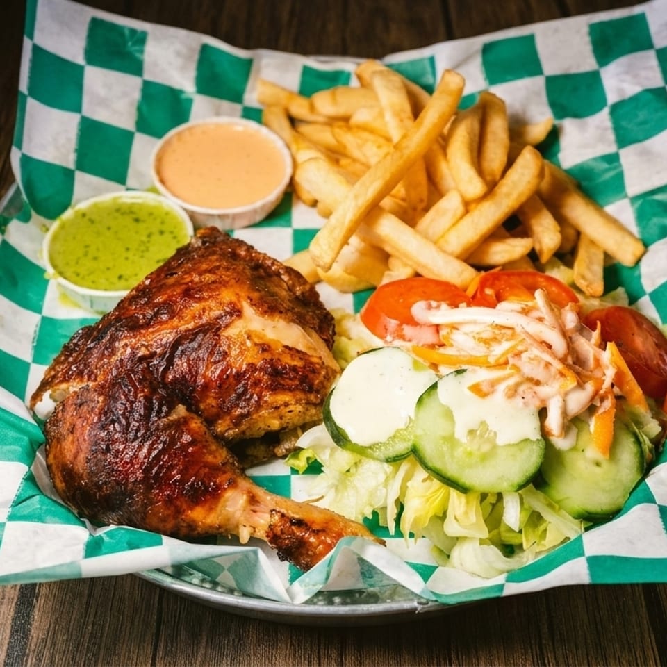 Grilled chicken leg and thigh with fries, salad, and two dipping sauces on checkered paper.