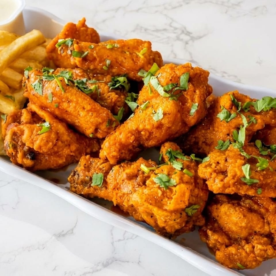 A white platter filled with crispy orange chicken wings topped with parsley, golden french fries, and dipping sauce.