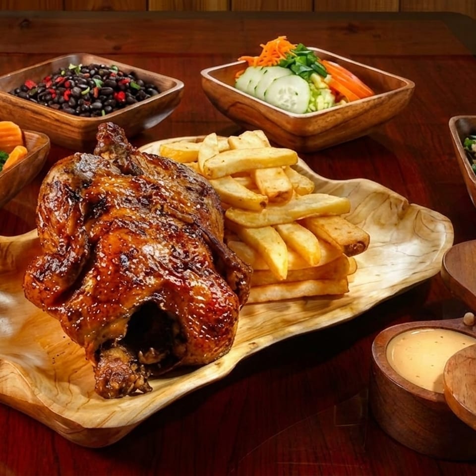A whole roasted chicken and fries on a wooden platter, surrounded by side dishes and sauces.