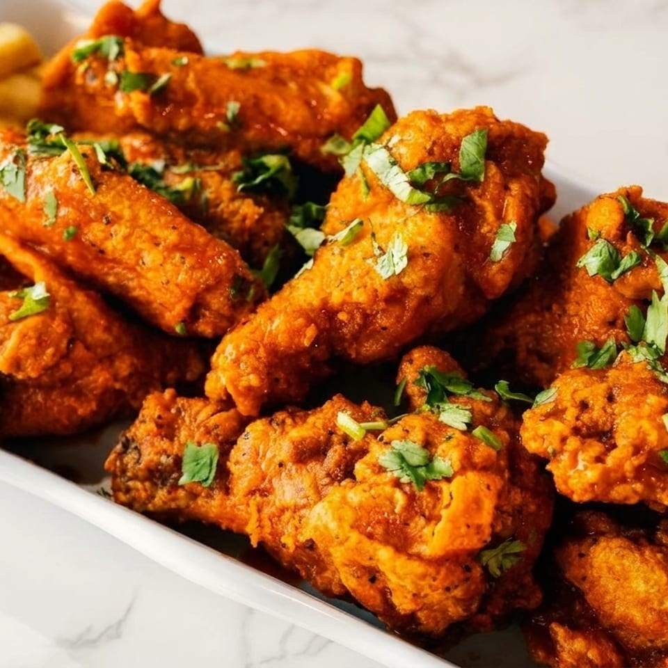 Crispy orange chicken wings with fresh parsley and a side of golden french fries on a white plate.
